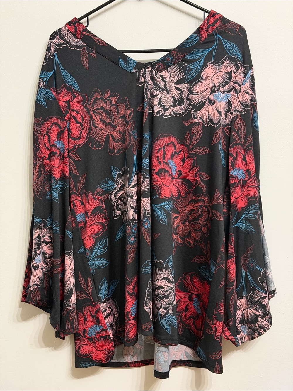 new directions Black Silk Top with Red, Pink & Blue Floral Print